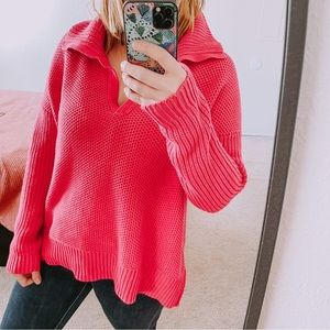 Ralph Lauren chunky knit deep v neck sweater large collar size XL pink